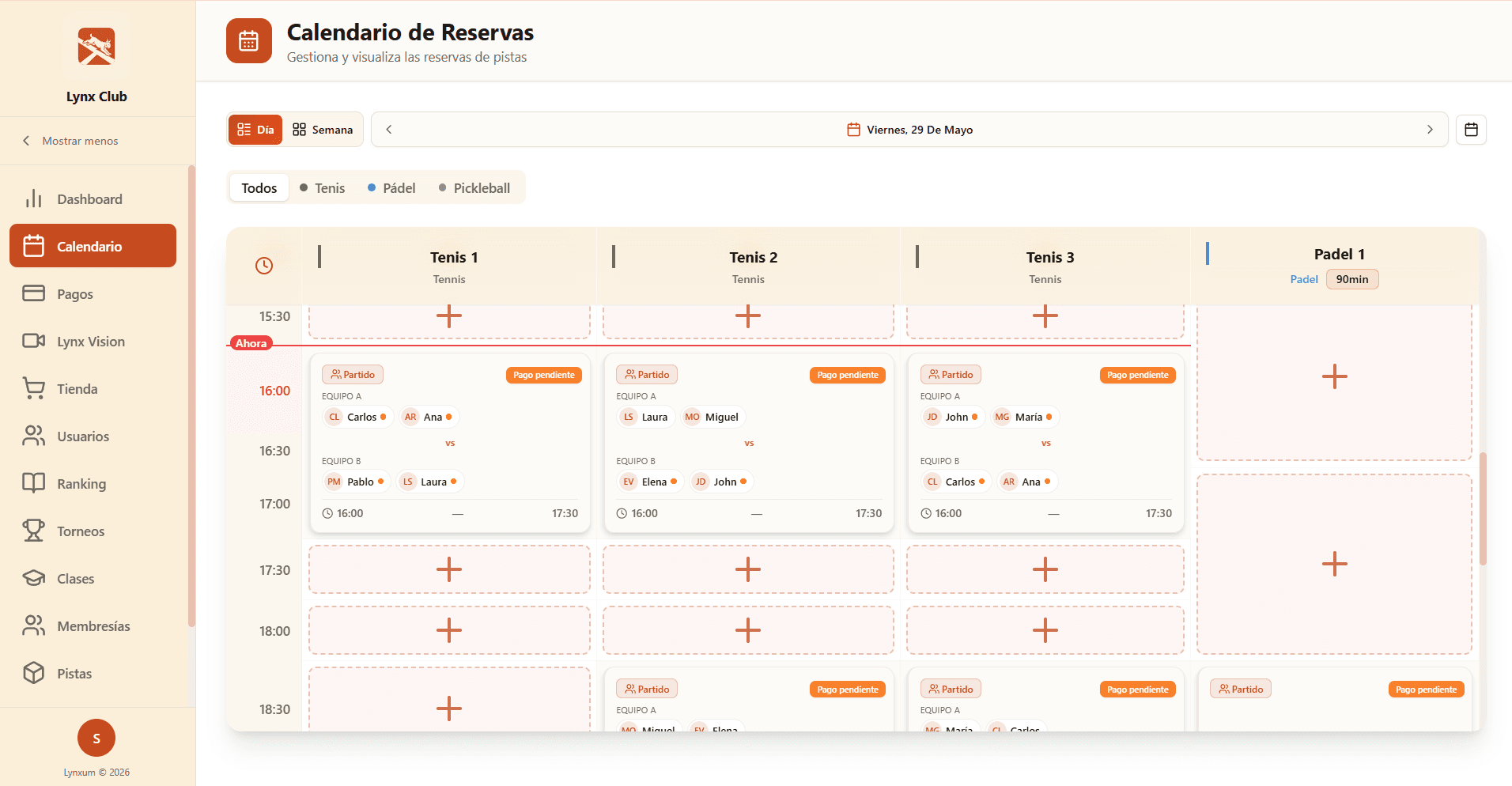 Calendario de reservas de pistas en Lynx Club